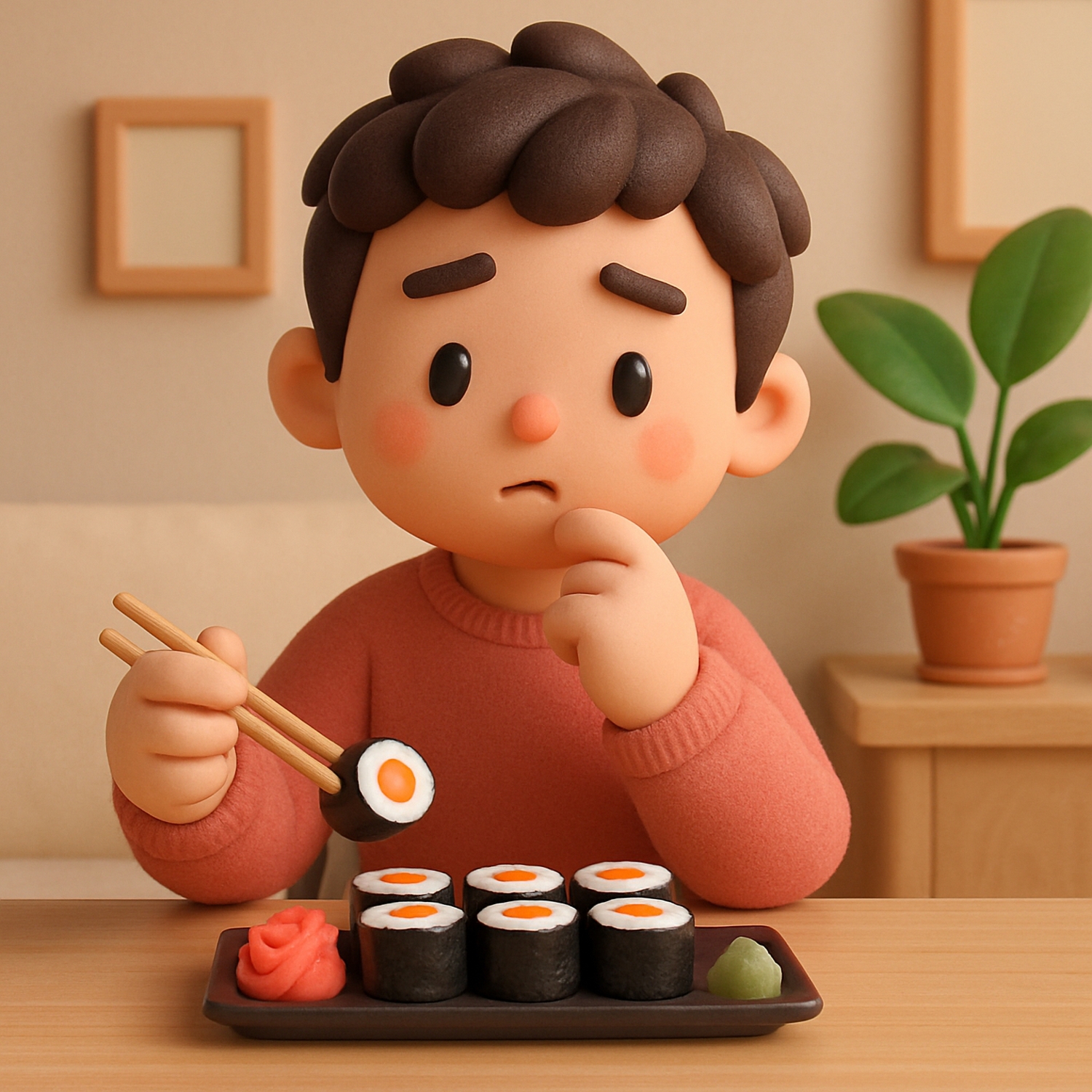 Cute,Character,3d,Image,Of,Thoughtful,Man,Eats,Sushi,With
